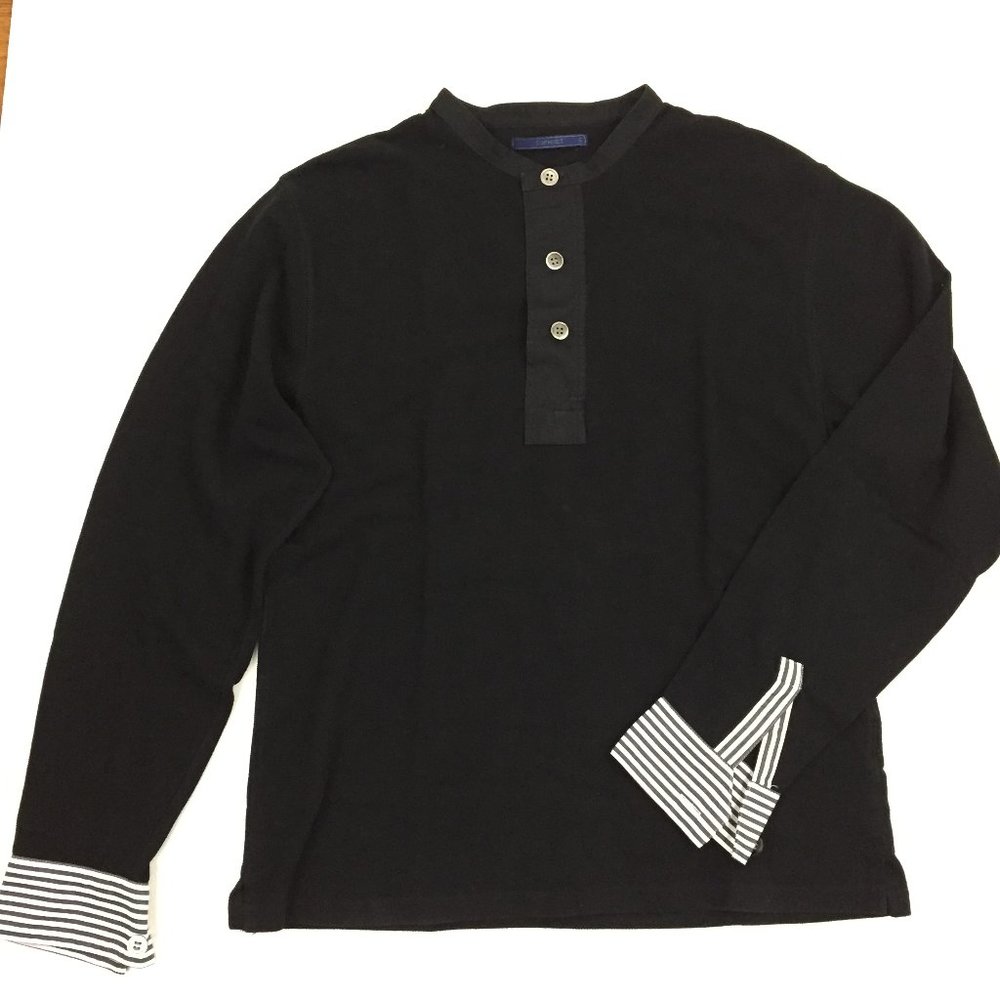 SOPHNET. Japan Striped Cuffs Henley Button Slit Hem Long Sleeve Shirt